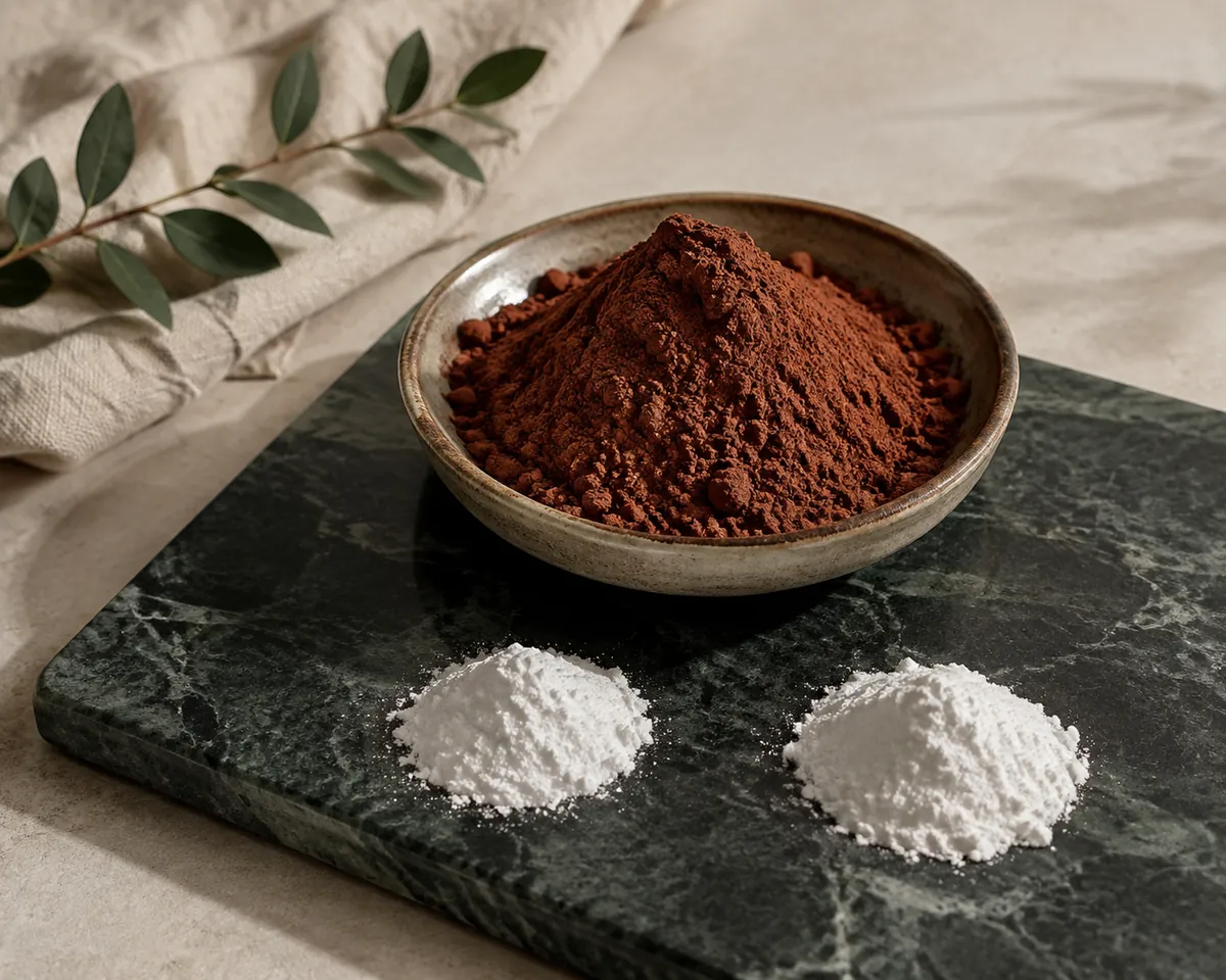 A dish of natural cocoa beside small piles of baking soda and baking powder on a dark board