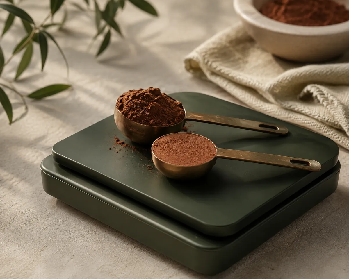 A heaped tablespoon of cocoa beside a levelled one on a small kitchen scale