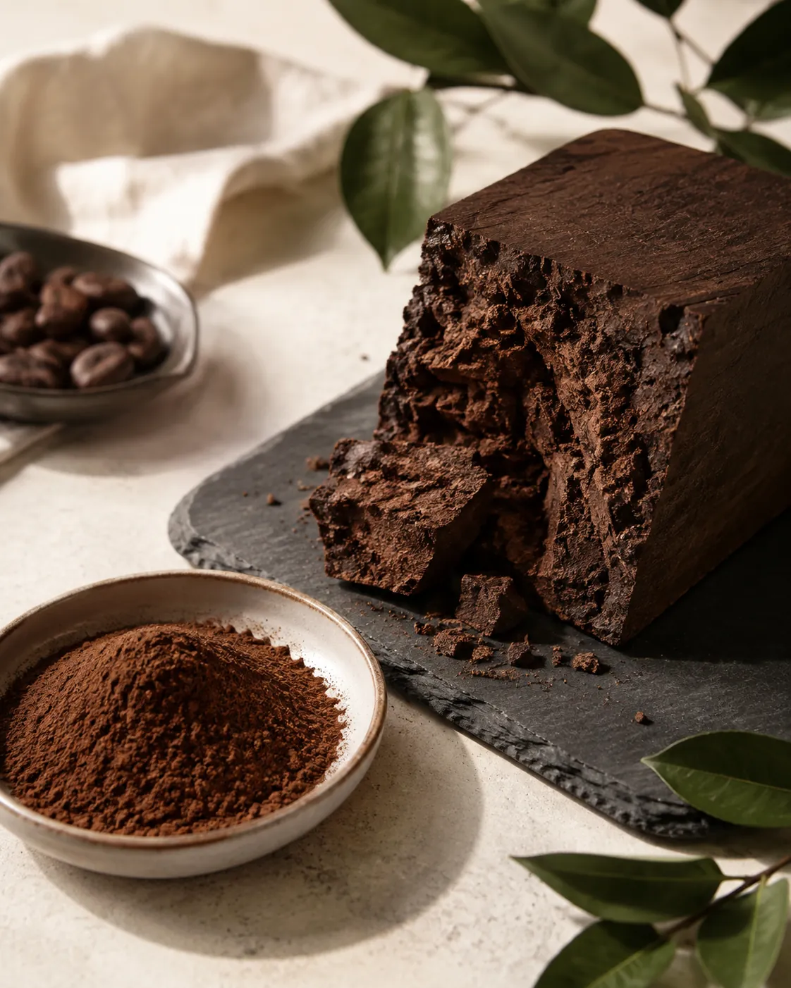 A block of pressed cocoa cake broken open beside a dish of the fine powder milled from it