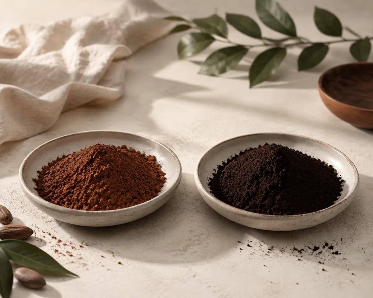 Two dishes of cocoa powder side by side, the left a light reddish brown and the right a deep near-black