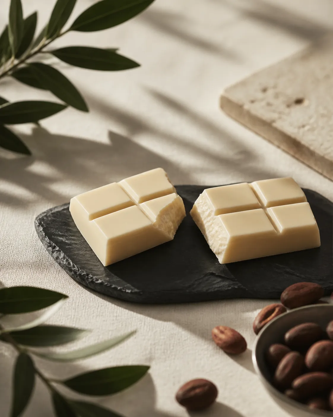 A broken bar of white chocolate on dark slate, the fracture face showing a smooth ivory sheen