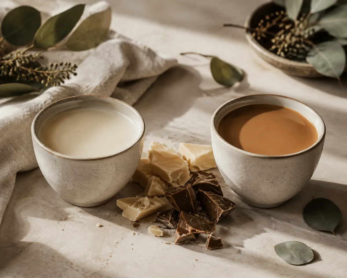 Two cups side by side, the left pale ivory and the right deep caramel blonde, with broken pale and caramelised chocolate between them