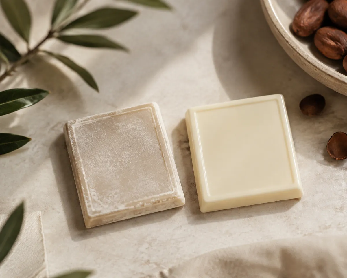A piece of white chocolate with a dull grey film of fat bloom across its surface beside a fresh glossy piece