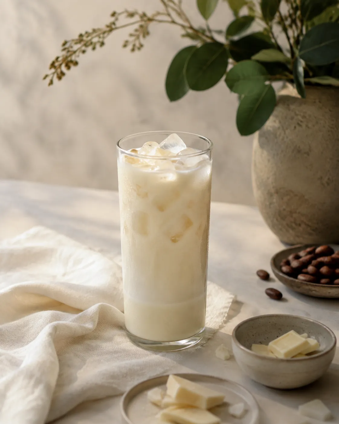 A tall glass of iced white chocolate over ice with condensation and a thin pale layer settled near the base