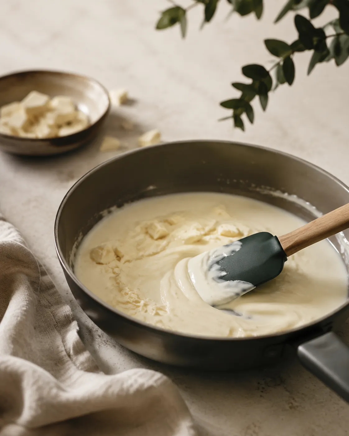 Chopped white chocolate melting into hot milk in a pan off the heat, part melted and being stirred smooth with a spatula