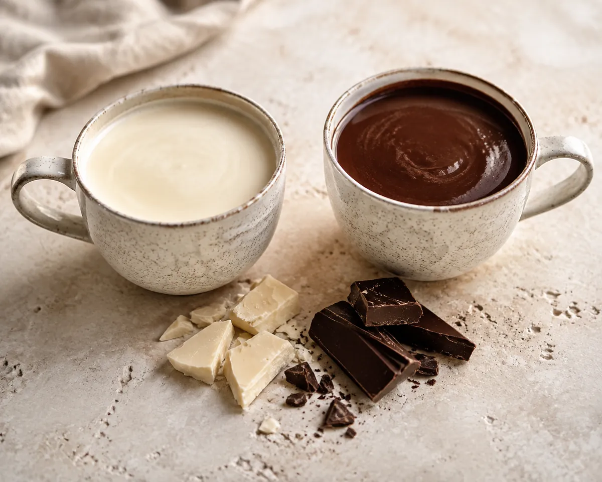 Two cups side by side, the left pale ivory white hot chocolate and the right very dark hot chocolate, with broken white and dark chocolate between them