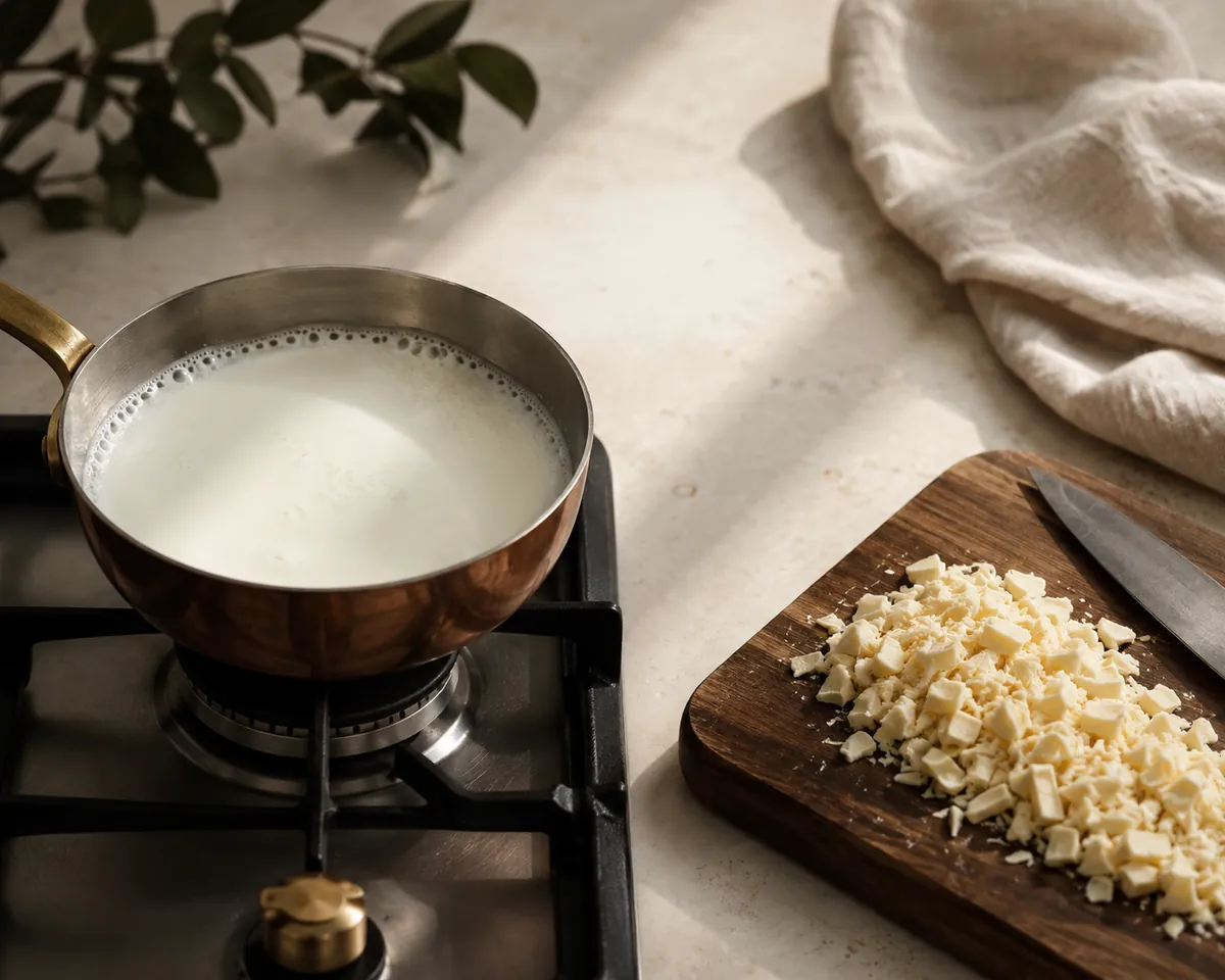 A small pan of milk on the hob just below a simmer beside a board of finely chopped white chocolate