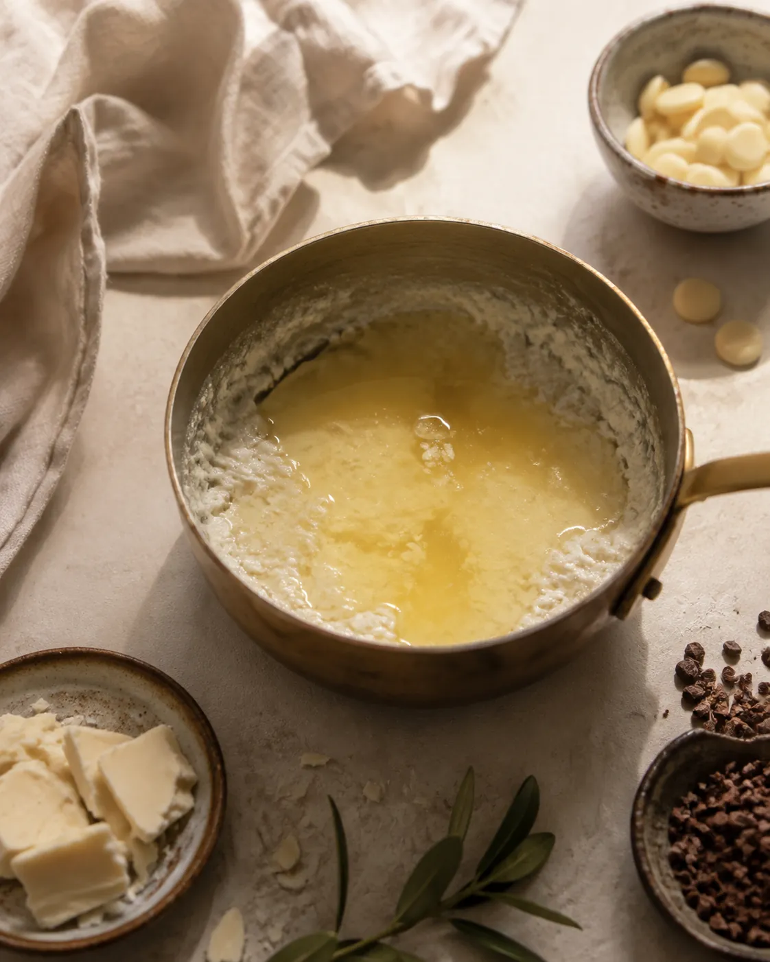 A pan of white hot chocolate that has split, a greasy yellow film pooling on the surface over a grainy paste