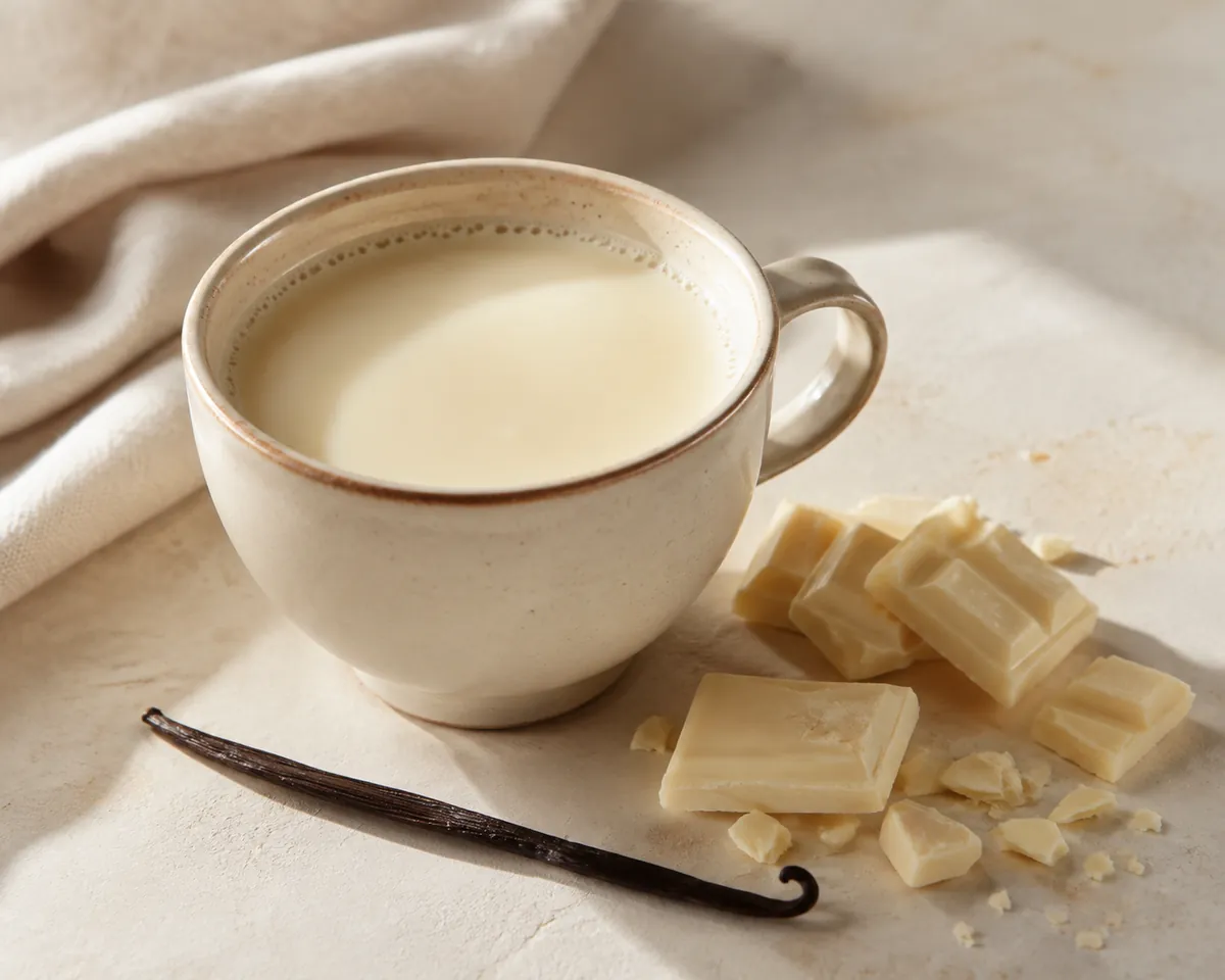 A cup of pale white hot chocolate beside broken white chocolate pieces