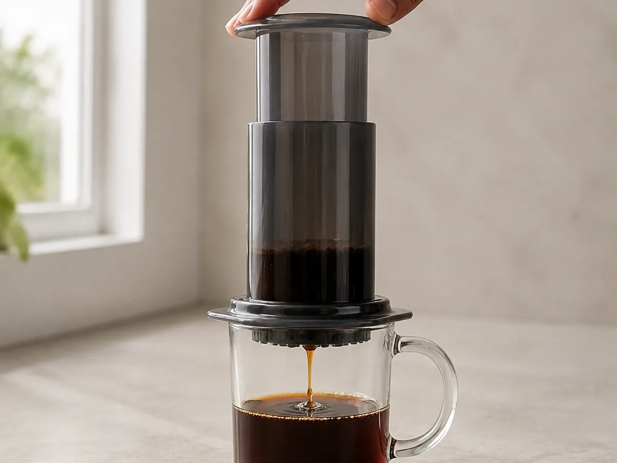 A thin clear stream of AeroPress coffee passing through the filter cap into a glass mug as the plunger is pressed gently