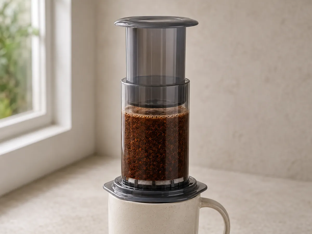 Cutaway view of an AeroPress chamber showing coffee grounds surrounded by water above a round paper filter and a mug below