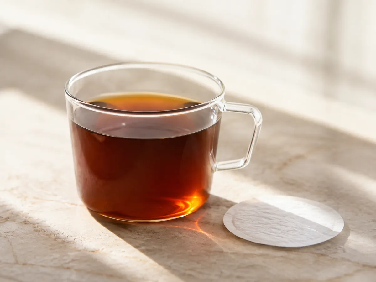 Clear amber-brown paper-filtered AeroPress coffee in a glass cup with no visible oil or sediment