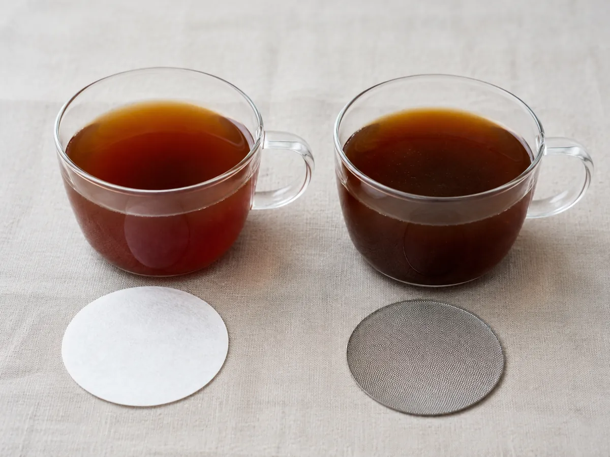 Two AeroPress cups beside round filters, with a clear paper-filtered cup and a fuller metal-filtered cup showing a light oil sheen