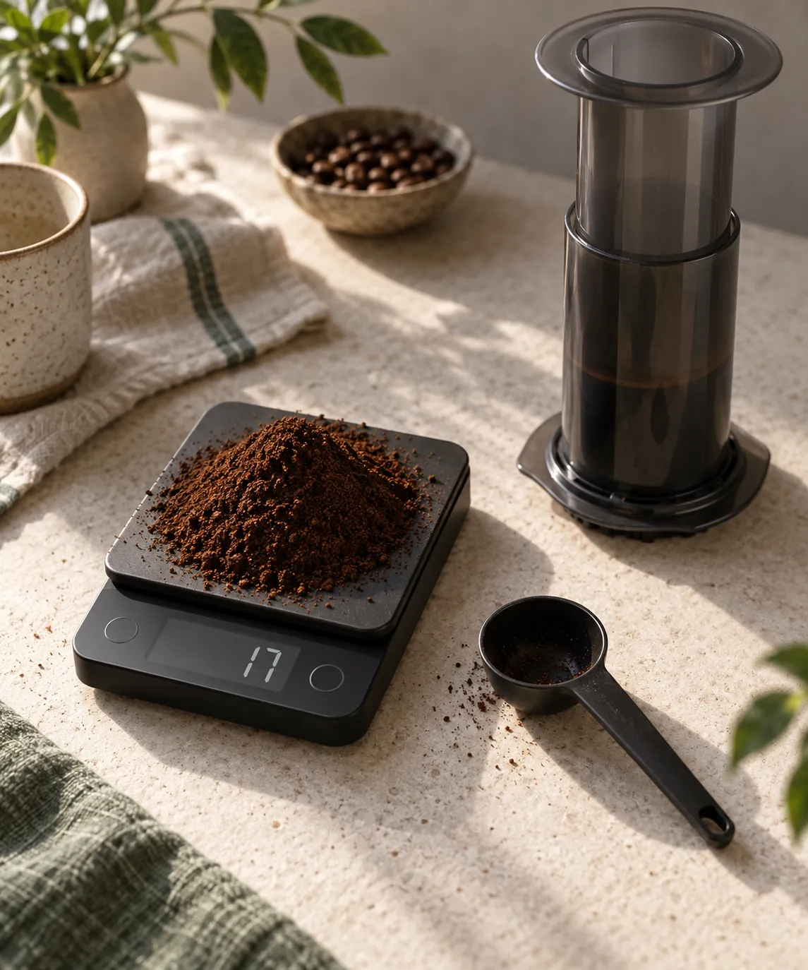 Ground coffee heaped on a small scale reading seventeen grams beside the AeroPress scoop it overflows