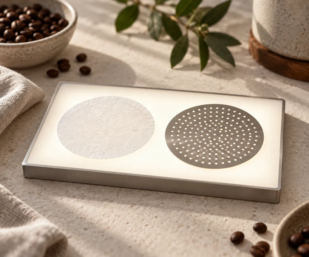 A thin white paper disc and a perforated steel disc lying beside each other with light passing through the holes of one