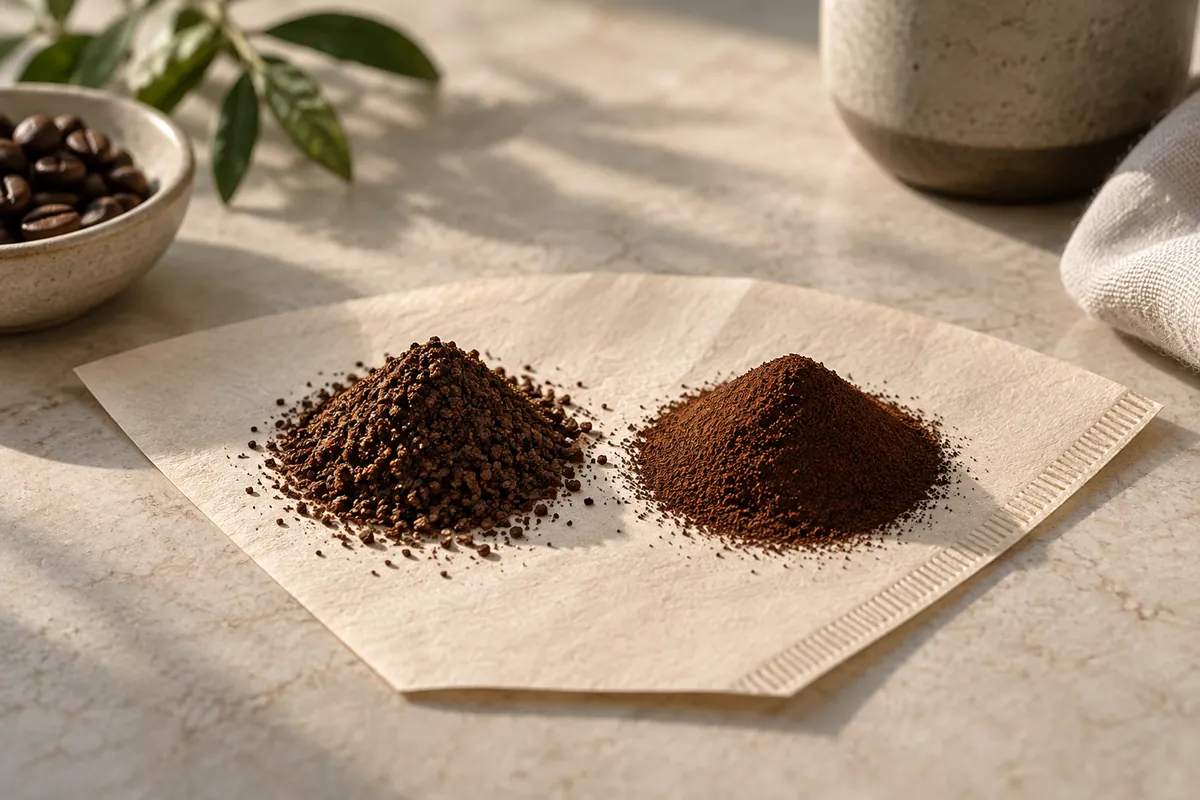 Two small piles of ground coffee side by side, the right visibly finer with fewer distinct grains