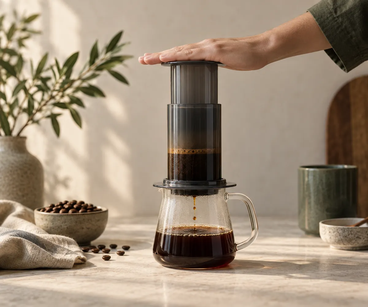 A hand resting lightly on an AeroPress plunger part way down with no visible strain in the fingers