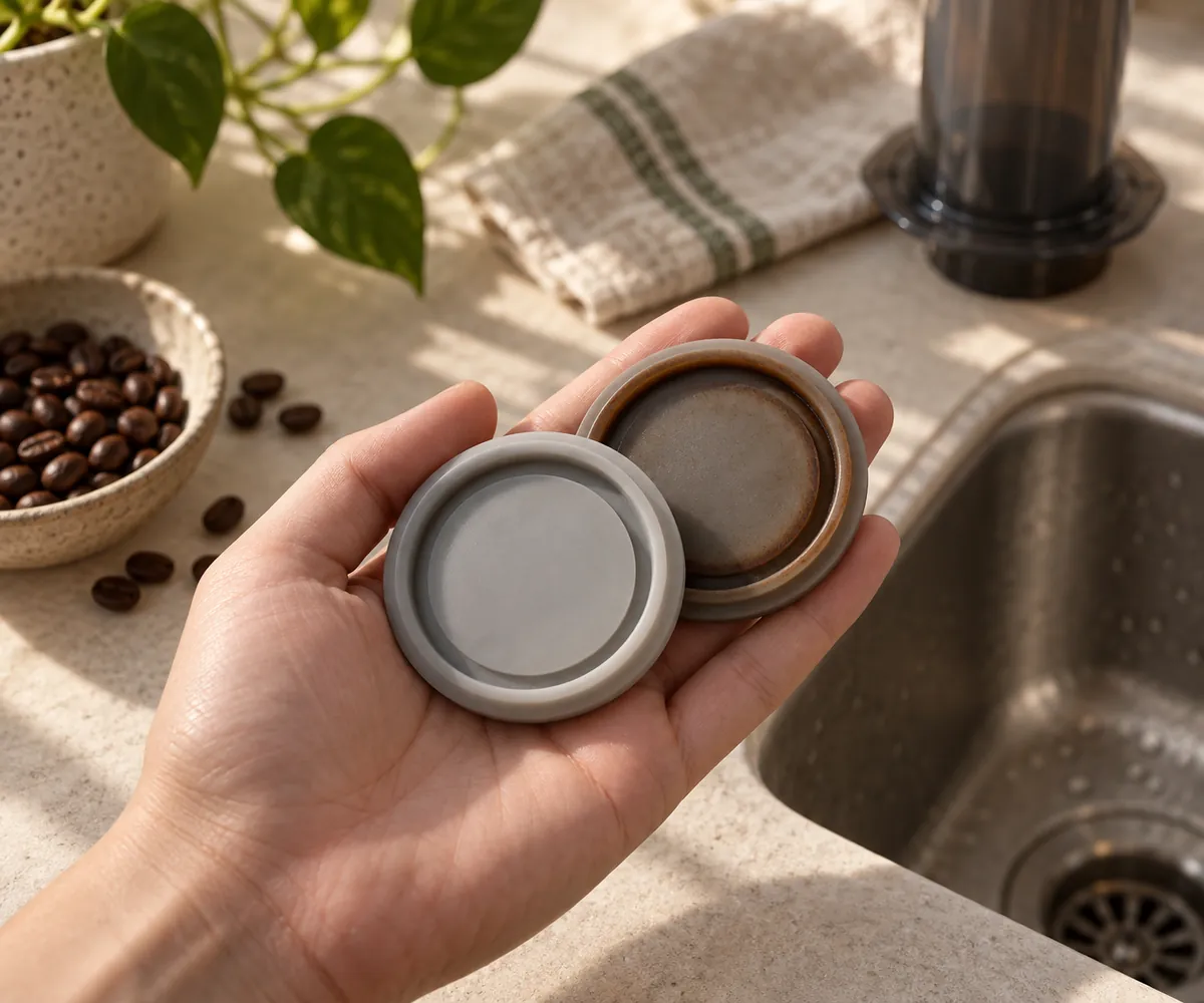 Two rubber plunger seals held together, one pale grey and one darkened brown around its edge