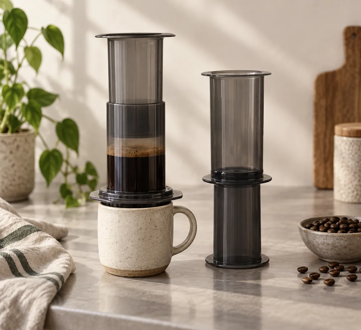 Two assembled brewers standing side by side, one upright over a mug and one resting on its plunger with the open chamber up
