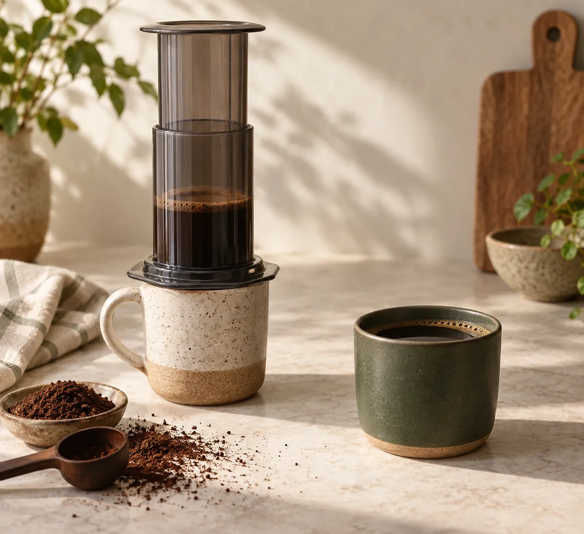 A plastic AeroPress standing on a mug beside a cup of black coffee and a scattering of ground coffee