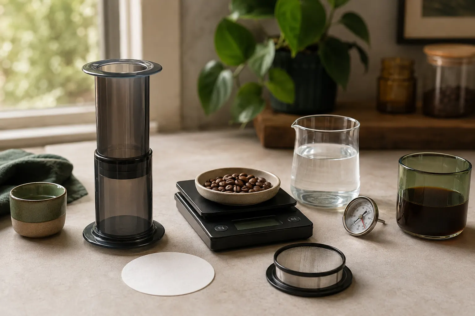 An AeroPress recipe station with measured coffee, a water thermometer, scale, and paper and metal filters arranged as separate brewing variables