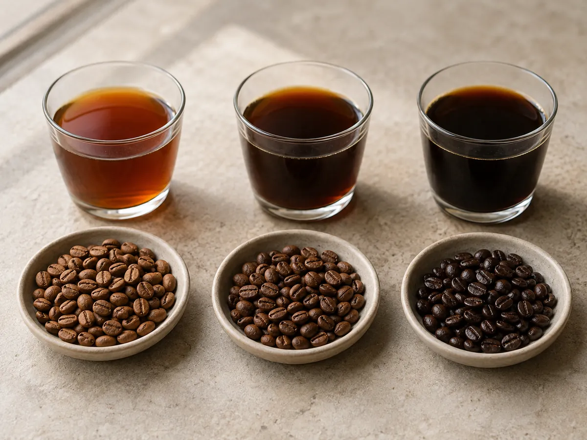 Light, medium, and dark roasted coffee beans in ceramic dishes beside three AeroPress coffee cups of increasing color depth