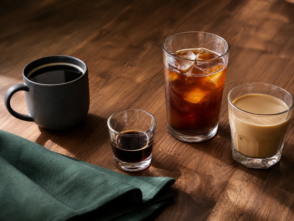 Four AeroPress coffee servings on a wooden table: a black cup, a short concentrate, an iced glass, and a milk coffee