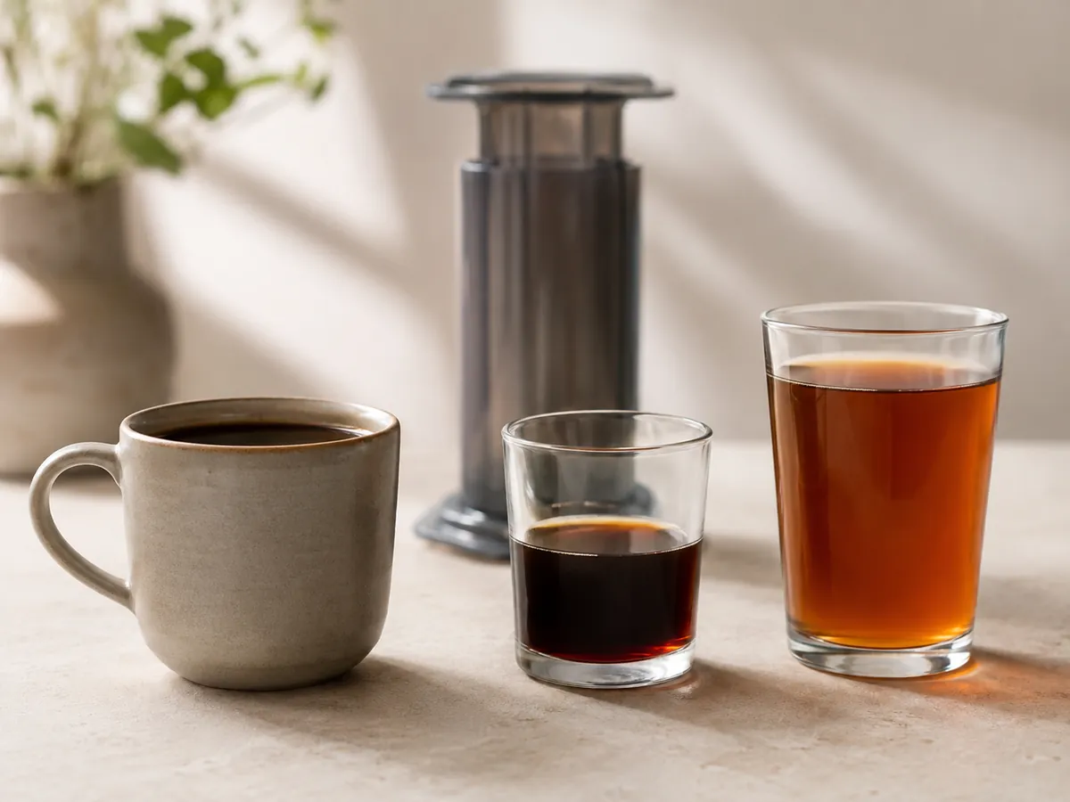 Three AeroPress coffee servings side by side: a full black cup, a short dark concentrate, and a lighter bypass cup