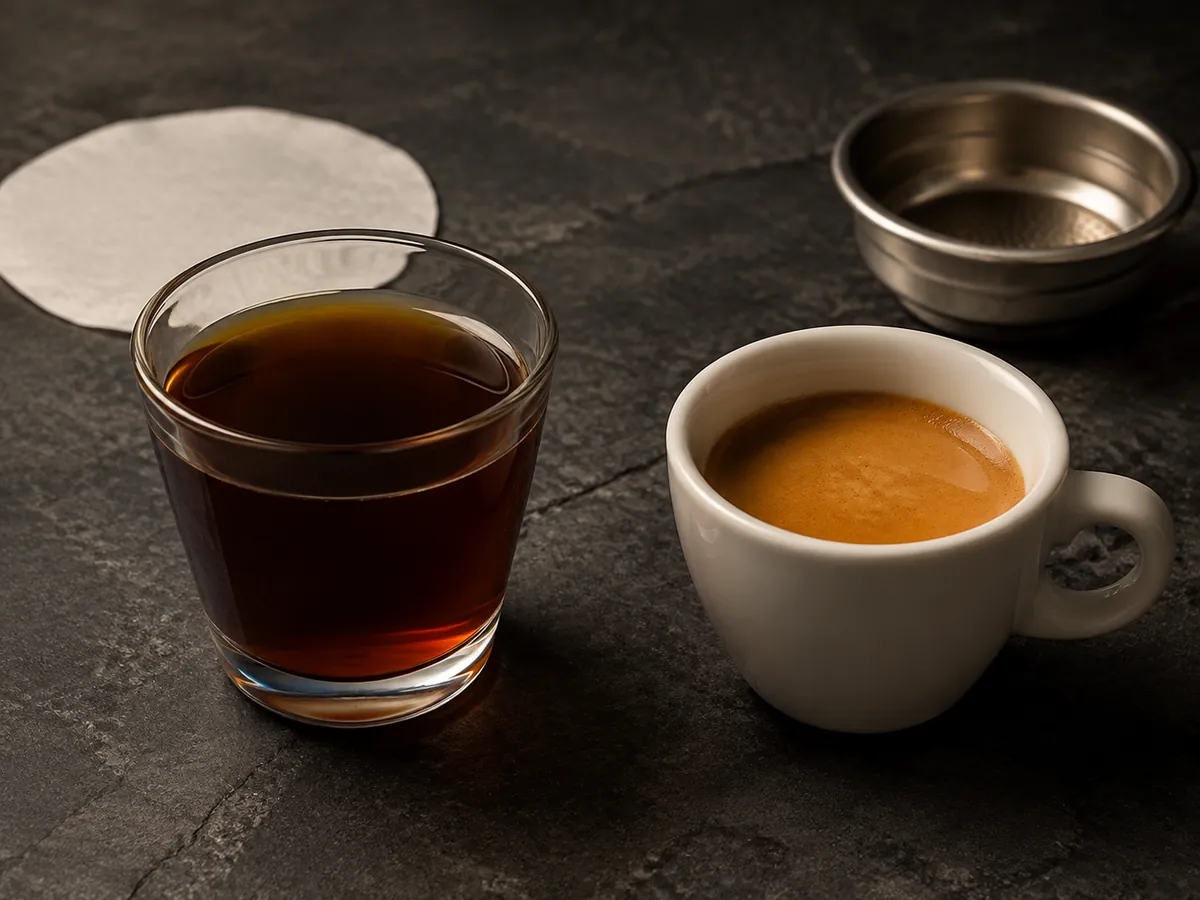A small clear AeroPress concentrate beside an espresso with a stable hazelnut-colored crema on dark stone