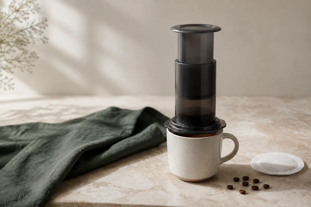 An unbranded AeroPress-style coffee brewer over a ceramic mug on pale stone beside a round paper filter
