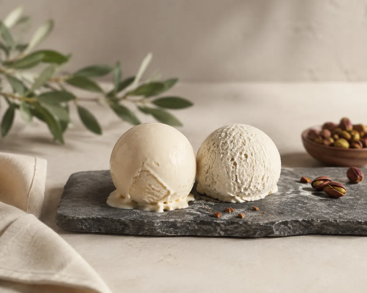 Two scoops side by side on a slate, one dense and glossy, the other paler and visibly aerated