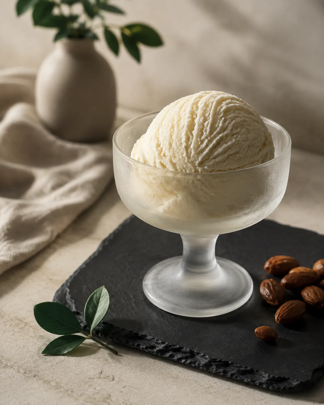 A dense pale scoop of ice cream still bearing the ridges of the scoop, frost visible on its surface, in a chilled glass