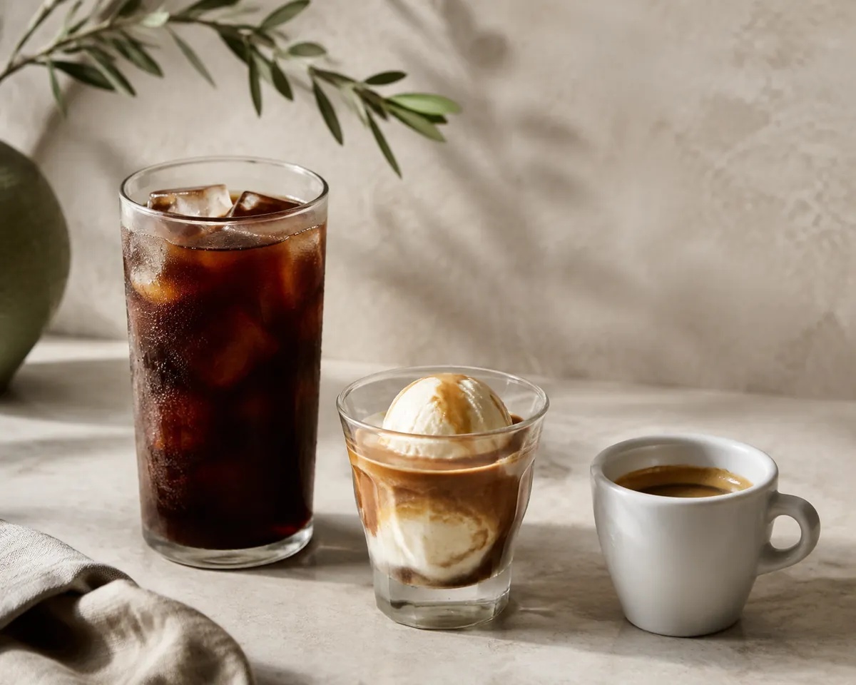A small glass of affogato standing beside a tall iced coffee and a short espresso cup on a wooden counter