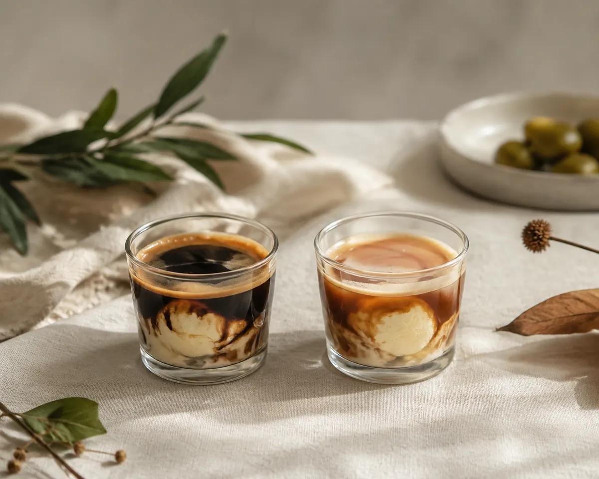 Two small glasses of affogato side by side, one topped with a dark near-black shot and the other with a paler reddish one