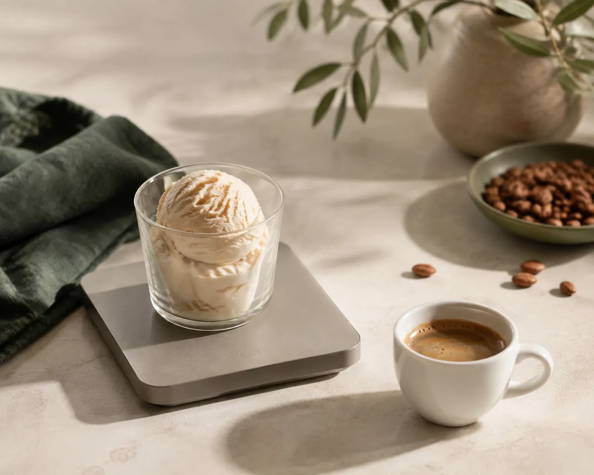 A small glass of scooped ice cream on a kitchen scale beside a filled espresso cup on a pale bench