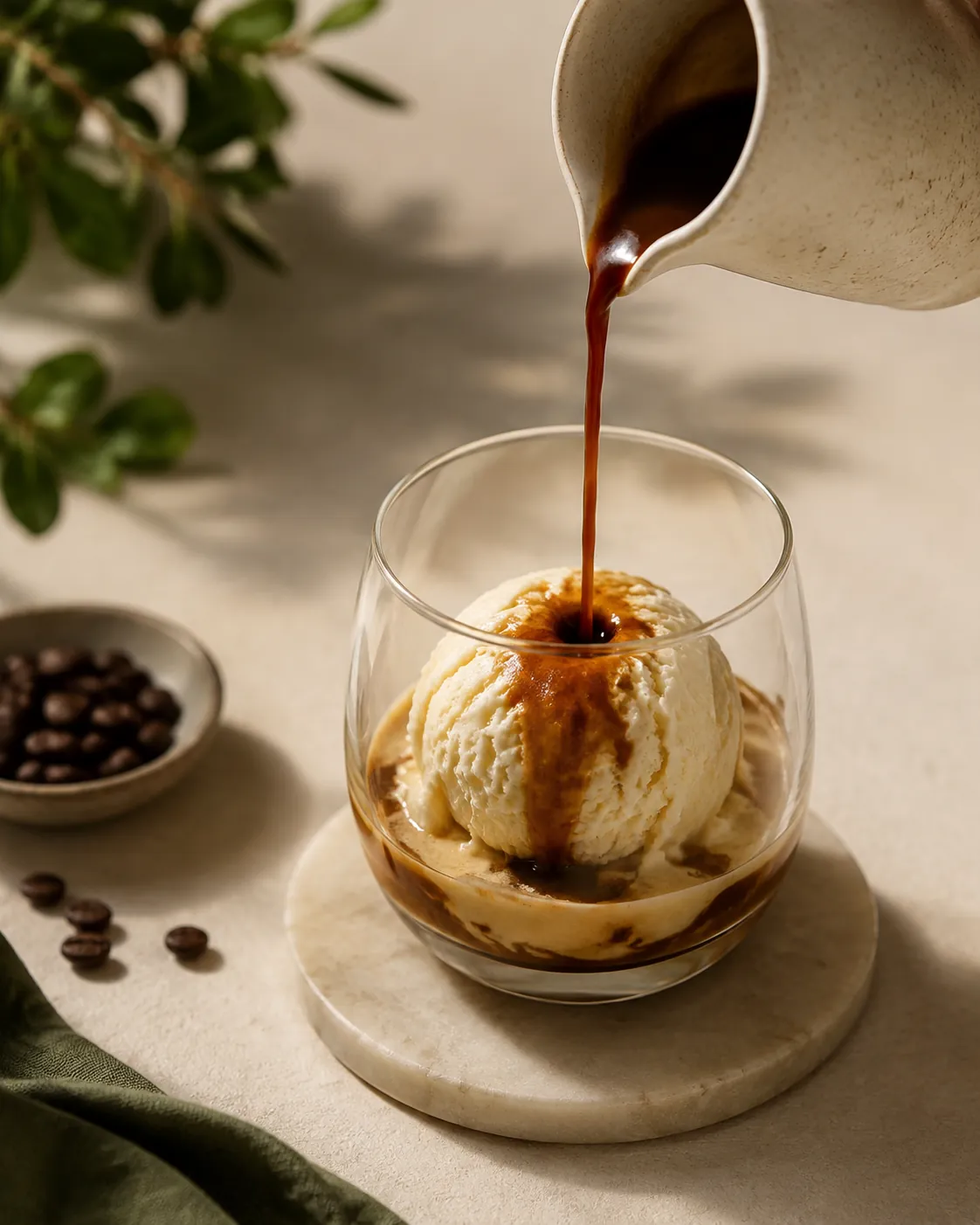 A stream of dark espresso falling onto a rounded scoop of pale ice cream, a hollow beginning to form where it strikes