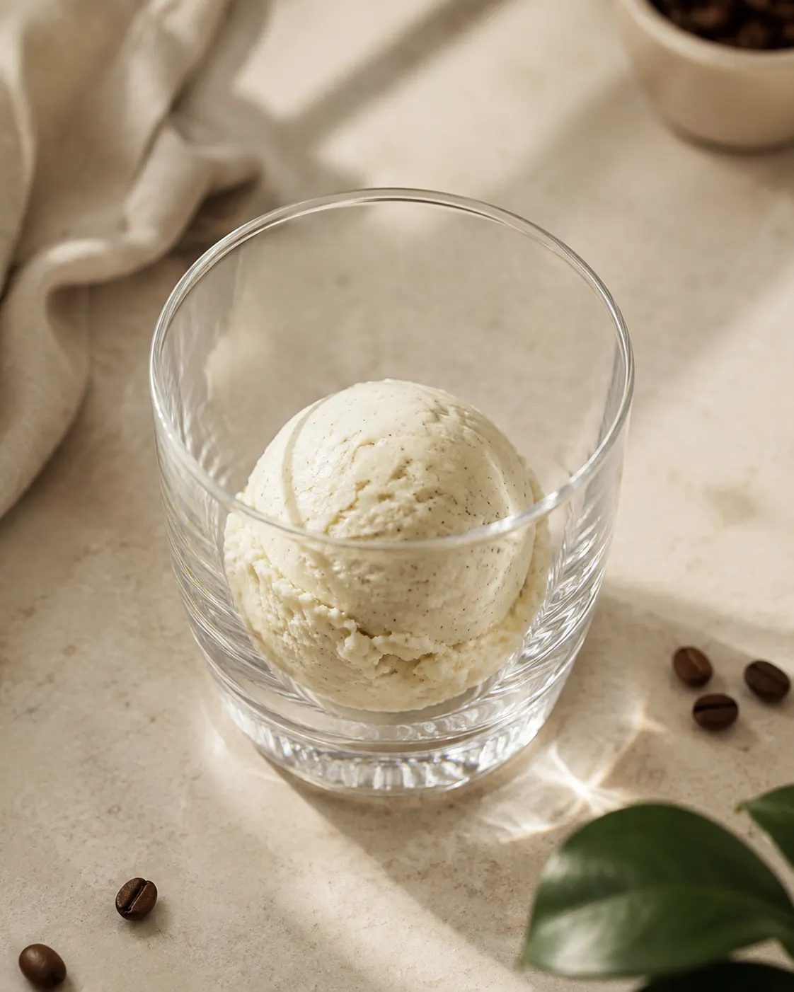 A single scoop of vanilla ice cream flecked with dark seeds sitting in a chilled glass before any coffee has been added
