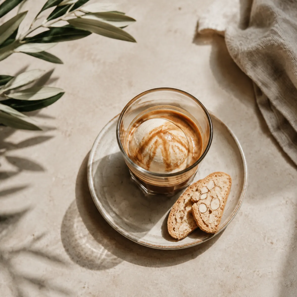 A glass of affogato on a small saucer with two hard almond biscuits laid beside it