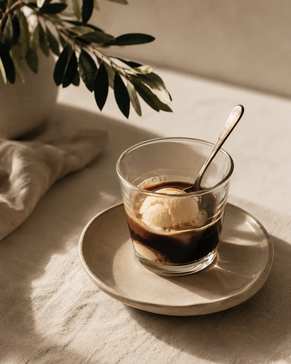 A small clear glass holding a pale scoop of ice cream half covered by dark espresso, with a short spoon resting against the rim