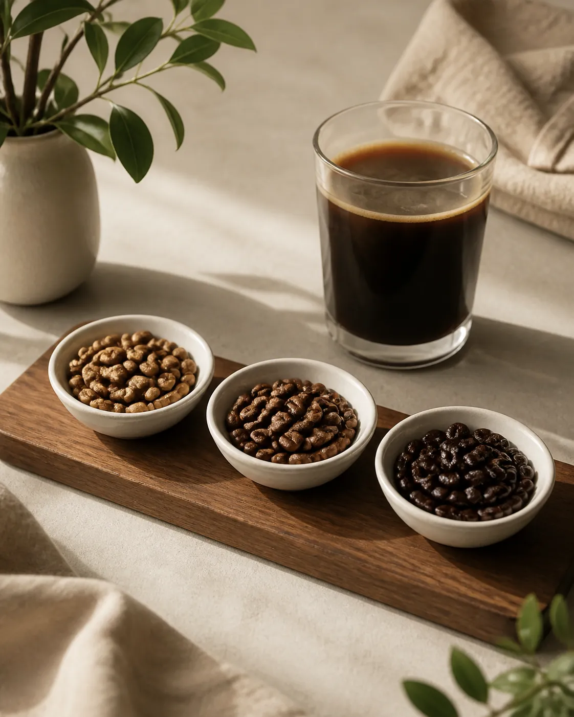 Three small dishes of roasted coffee beans in a row, pale cinnamon brown, mid brown and dark oily brown, beside a glass of black americano