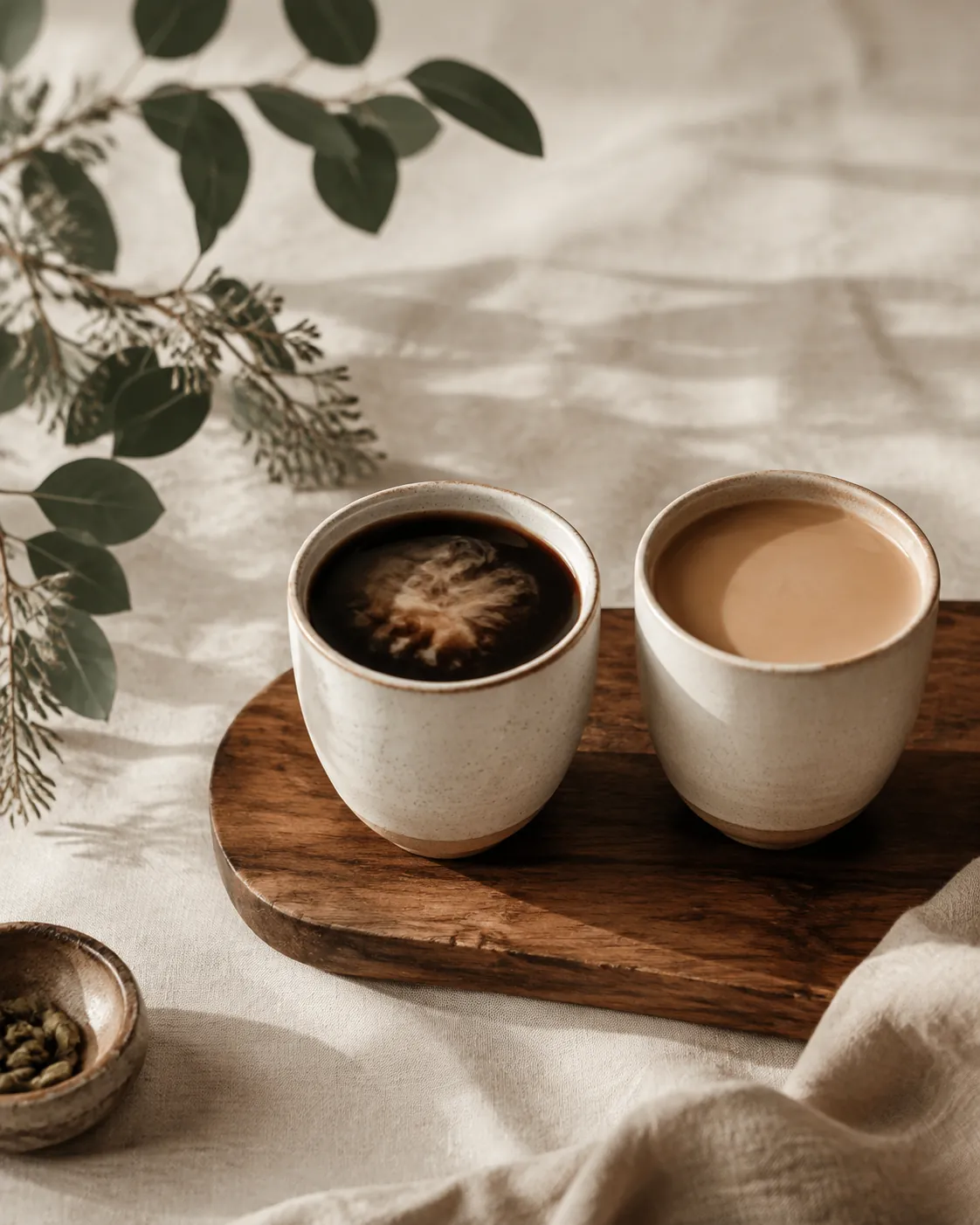 Two cups side by side, the left a black americano with a splash of milk clouding through it and the right a full pale latte