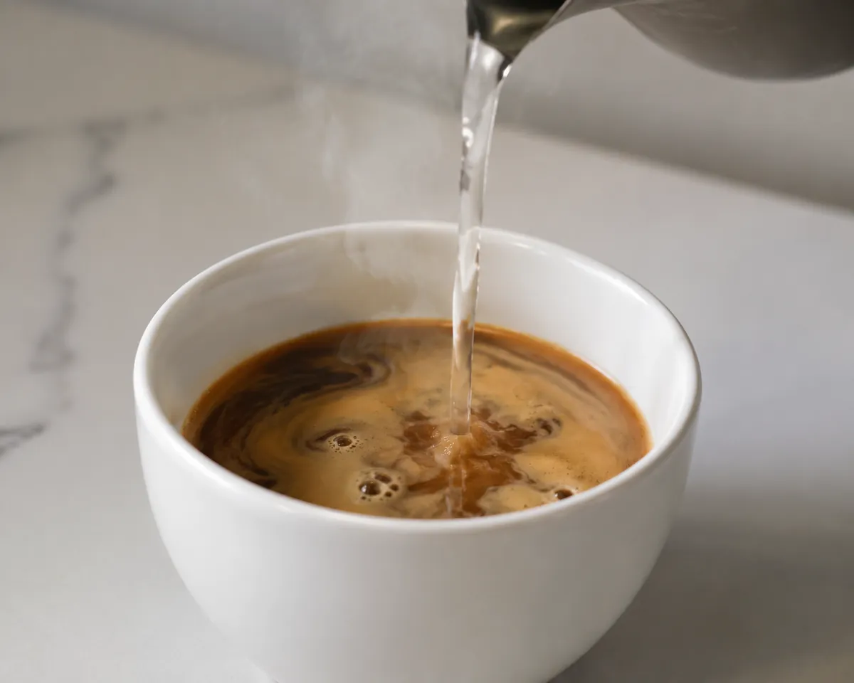 Hot water being poured into a cup holding a shot of espresso