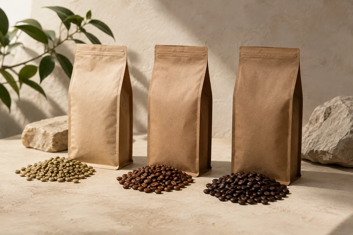 Three bags of coffee beans with their contents spilled in front of them, the beans visibly different in size and colour