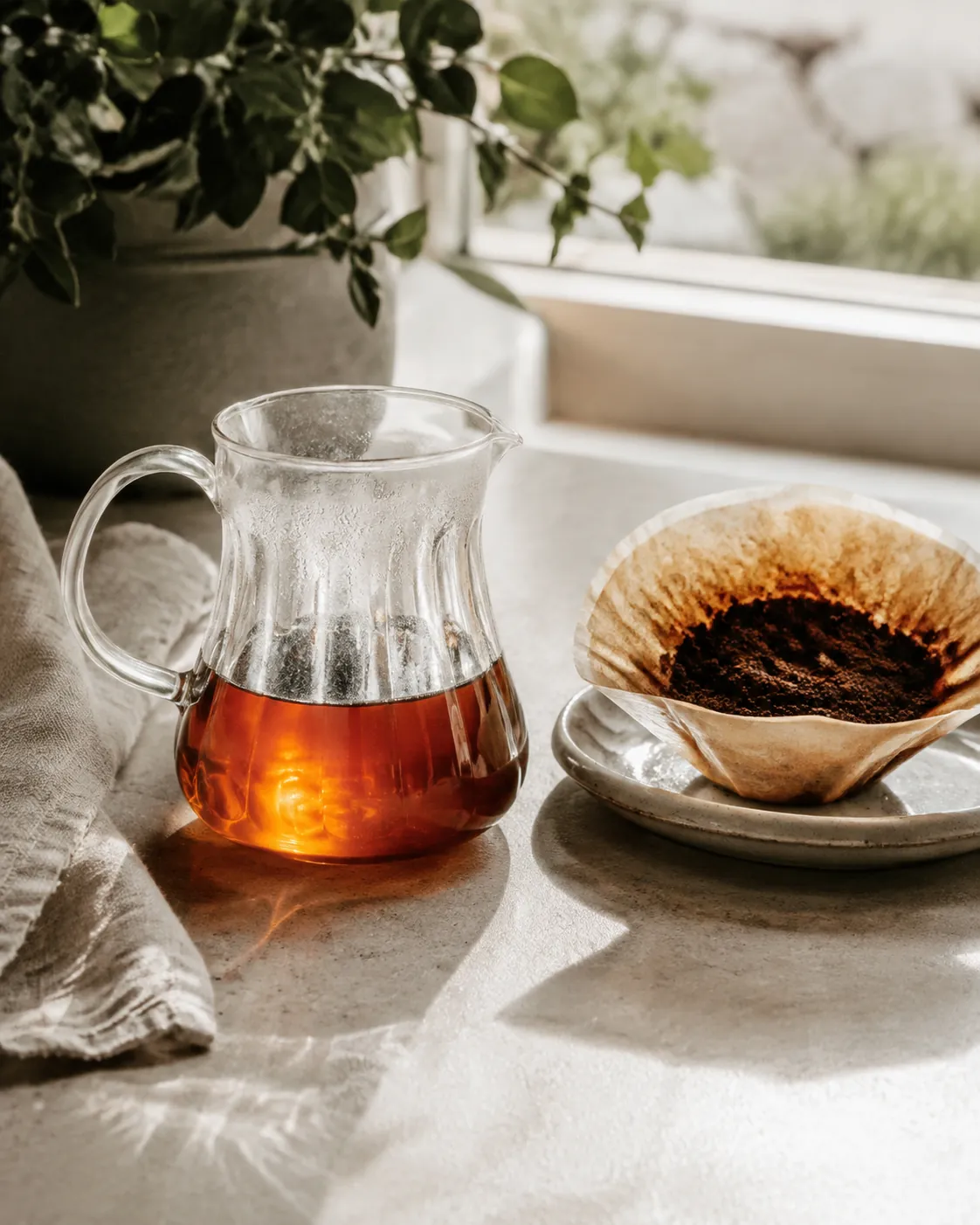 A glass server of light-roast filter coffee held against the light showing a clear amber-orange body, the used paper cone resting beside it