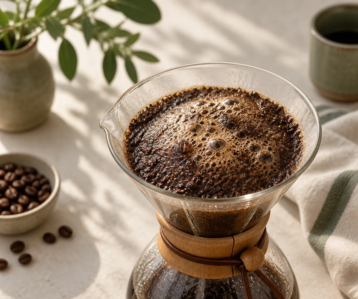 Wet coffee grounds rising into a domed crust with bubbles breaking across the surface
