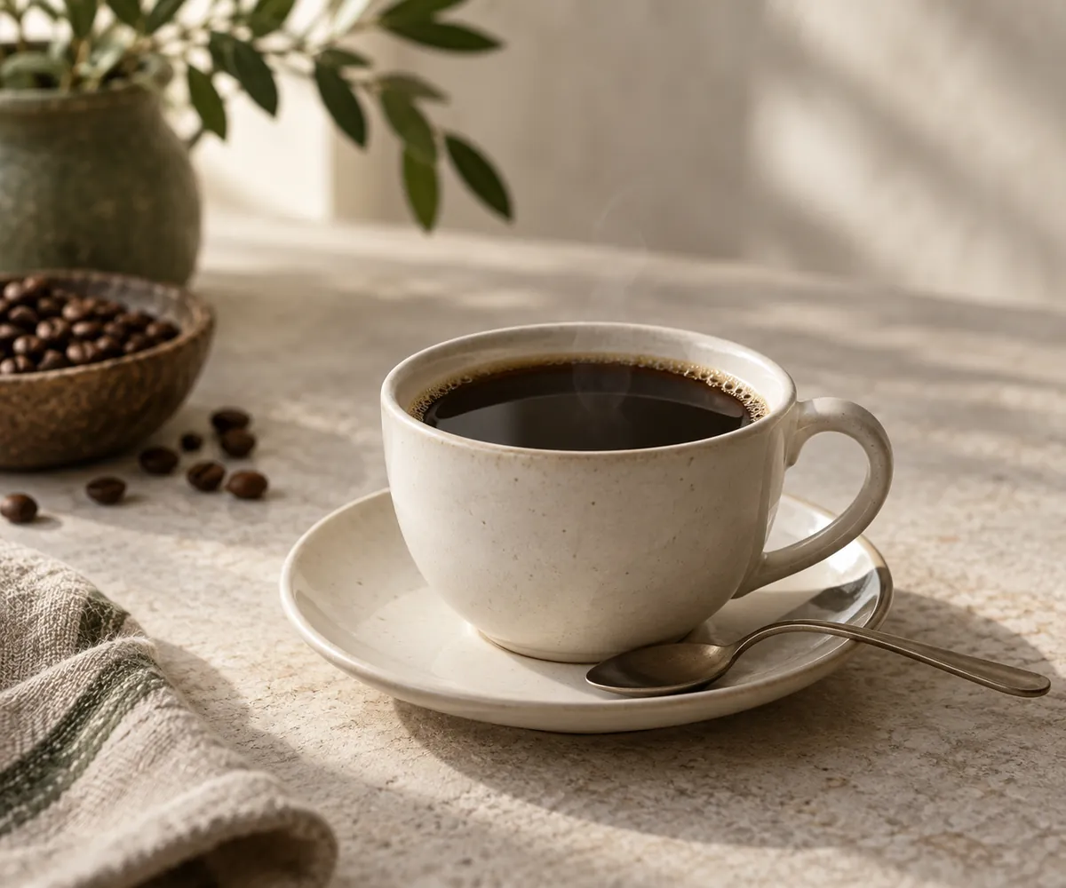 A single cup of black coffee with steam almost gone and a spoon resting beside it on a saucer