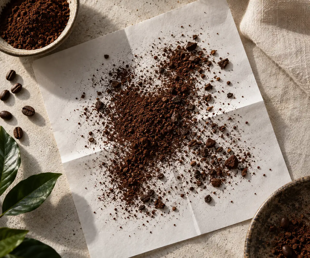 Ground coffee spread thin showing fine dust alongside noticeably larger chunks