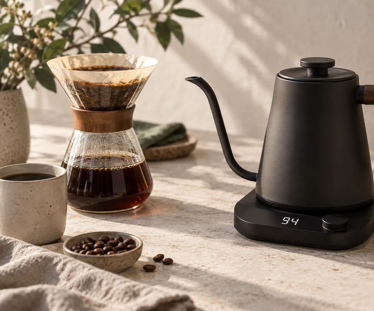 A variable kettle display reading ninety four degrees with the pouring spout in frame