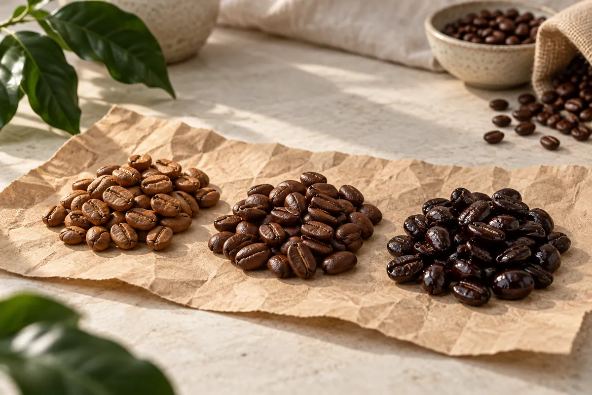 Three small piles of whole beans running from pale cinnamon through mid brown to almost black and oily