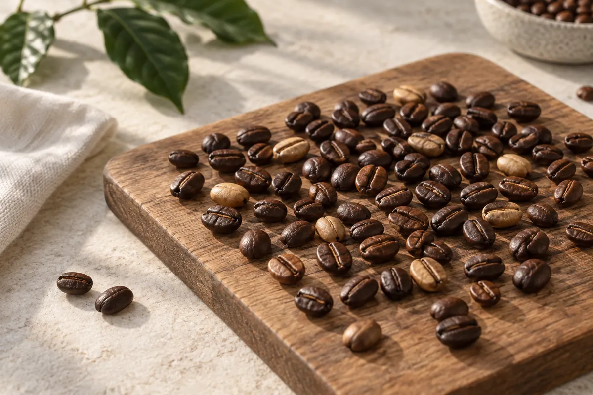 A handful of beans spread out showing several noticeably paler beans among evenly dark ones